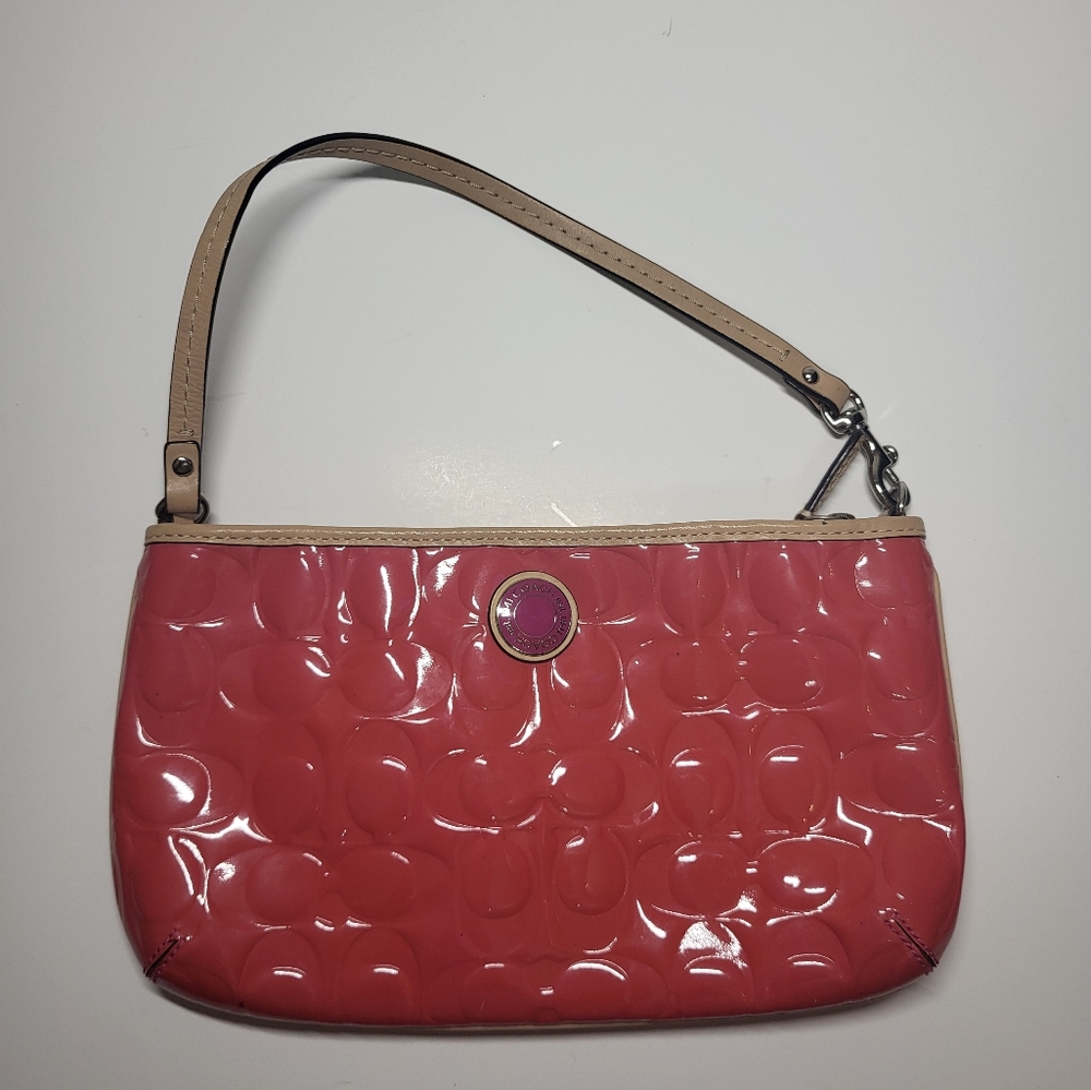 Coach Pink Patent Leather Purse Handbag Signature Print With Leather Straps